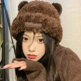 Bonnyshow Cute Bear Plush Beanie Cap Women Winter Warm Thicken Faux Fur Hat Korean Solid Color Cartoon Ears Female Skullcap Bonnet