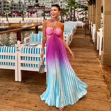 Bonnyshow Gradient Holiday Dress Women Sexy Cut Out Backless Maxi Beach Dresses Summer Casual Loose Pleated Bohemia Outfits