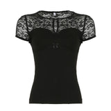 Bonnyshow  Hook Floral Lace Patchwork Top Black Sexy Cut Out Bow Decorate Short Sleeve T-shirt Elegant Slimming Clothes Summer