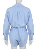 Bonnyshow  Chic Blue Loose Shirt Jumpsuit Long Sleeve Turn Down Collar Button Up Shorts Playsuits Streetwear Casual Harajuku Suits