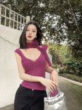 Bonnyshow  Korean Summer New Style Sexy T-Shirts Slim Coquette V-Neck Tees Purple Crop Top Three-Dimensional Flower Aesthetic High Street