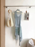 Bonnyshow  Fashionable Irregular Mini Dress Female Clothing Plaid Summer New Swinging Collar Drawstring Hotsweet Sleeveless Vintage Dresses