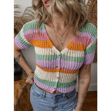 Bonnyshow  Women Summer Single Breasted Striped V Neck Knitted Sweater Caridgan Hollow Out Short Sleeve Sweet Temperament Slim Top Casual