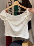 Bonnyshow Lace-up Bow White Cropped T-shirt Woman Summer Slash Neck Short Sleeve Cotton Crop Top Casual Simple Sweet Cute Y2k Tee Tops