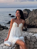 Bonnyshow  Women White Pleated Backless Sling Dress Elegant Patchwork Wrapped Chest Sleeveless Mini Dresses Summer New Vocation Beach Robe