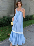 Bonnyshow  Chic Blue Patchwork A-line Long Dress Elegant Sleeveless Off Shoulder Loose Dresses For Women 2025 Summer Vacation Beach Gowns