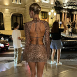 Bonnyshow 2024 New Autumn and Winter Women's Sexy Bikini Halterneck V-neck Long-sleeved Leopard Print Skirt Three-piece Set