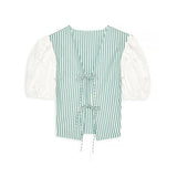 Bonnyshow  Striped Shorts Set Women Two Pieces Set Patchwork Lace Up Shirt Woman High Waist Loose Shorts Suit Female Casual Matching Set