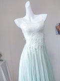 Bonnyshow  Delicate Green Spaghetti Strap A-Line Tulle Dress Elegant Women's Lace Romantic Evening Party Dresses Chiffon Gown