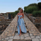 Bonnyshow  Sexy Satin Hollow Out Long Dress Women Sleeveless Backless Slit A-line Dresses 2025 NEW Summer Lady Holiday Vacation Robes