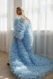 Bonnyshow Amazing Light Blue Layered Tulle Long Jacekt Puff Sleeves Ruffles Trimmed Women Jacket Maxi Gowns Bridal Cape Outwear Coat