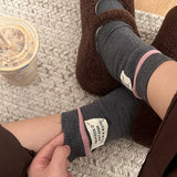 Bonnyshow Women Cashmere Pile Up Socks Korean Stripe Label Letter Non-slip Soft Knitted Long Socks Girl New Year Accessory Funny Gifts