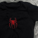 Bonnyshow Y2k Sexy Embroidery Spider Crop Top T-shirt Summer Gothic Slim Vintage Graphic Short Sleeve Baby Tee