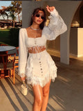 Bonnyshow  Chic Lace Up Shirt Tassels Mini Skirt Set Lady Retro Square Collar Full Sleeve Shirts A-lined Skirts Sets Women 2025 Outfits