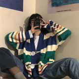 Bonnyshow  Korean Lazy Wind Rainbow Baggy Cardigans Women Vintage Classic V-Neck Pockets Students Autumn Knitted Cozy Leisure Sweaters