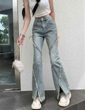 Bonnyshow American Split Jeans Women Pink Bandage High Waist Irregular Spliced Denim Pants Zipper Fly Trousers Y2k Pantalon Femme