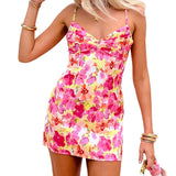Bonnyshow  Women Summer Boho Floral Mini Cami Dress Spaghetti Strap Flowy Short Sling Dress Sleeveless Low Cut Holiday Sundress