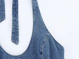 Bonnyshow  Sexy Backless Halter Denim Jumpsuit Women High Street Summer Romper Short Playsuit