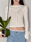 Bonnyshow Autumn White T-shirt Women O-Neck Flare Sleeve Lace-up Crop Top Fashion Casual Solid T Shirt Streetwear Sexy Cropped Top Female