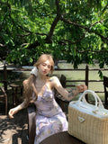 Bonnyshow  Floral backless dress for summer vacation women mesh long dress A-line Dress