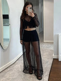 Bonnyshow  See Through Women's Pant Suit Two Piece Set Sexy Tassel  Patchwork Full Sleeve Tank Top Wide Leg Pants Female Sets Beach Outfit