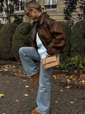 Bonnyshow Brown Leather Women's Jacket Casual Vintage Short Jackets Autumn Winter Retro Women Coat Loose Lapel Ladies Coats Outerwear