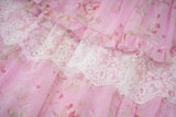 Bonnyshow  Romantic Floral Print Maxi Dress Ruffle Trim Lace Detail Tiered Long Pretty Pink For Women Sleeveless Summer TH9769