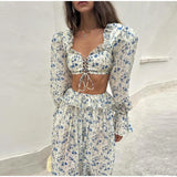 Bonnyshow  Printed Flare Sleeve Women 's Pant Set Square Collar Bandage Lace Up Crop Top High Waist Jogger Pants Female Sets Lady Outfits