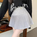 Bonnyshow  Woolen Pleated Skirt Women Korean Cute Sexy High Waist A-line coquette Extreme Mini Skirt Autumn Winter Vintage School
