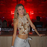 Bonnyshow  Sexy Glitter Halter Tank Women Printed Sleeveless Backless Lace Up Crop Tops Female 2025 Summer Fashion Club Beach Tanks Lady