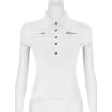 Bonnyshow  Y2k Streetwear Solid Blouse for Women Zipper Pocket Button Turn-down Collar Short Sleeve T Shirt Korean Summer Clothing