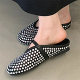 Bonnyshow  Fashion Design Crystal Rhinestone Round Toe Buckle Strap Mules Slippers Women Elegant Low Heels Casual Party Dress Shoes