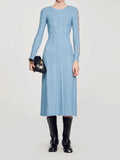 Bonnyshow  Elegant Blue Long Sleeves With Metal Eyelets Knitted Midi Dress Round Neck Slim Flared Hem Dress Ladies Chic High Street Robe