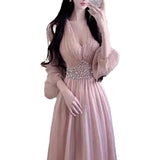 Bonnyshow  French Style Summer Light Luxury High-end Pink Vintage Beading Dress Women Lantern Sleeves V-Neck High Waist Elegant Dress