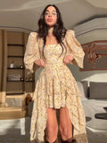 Bonnyshow  Floral Ruffled Hem Mini Dress Lace Up Skirt Sets 2 Pieces Puff Sleeve Square Collar Print Robe Irregular Multi-layer Skirts Suit