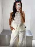 Bonnyshow  Summer Women Casual Vest Set Sleeveless Round Neck Loose Top Brown Jacquard Wide Leg Pant Streetwear Outfit Lady Daily Wear