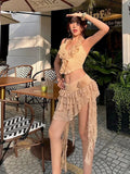 Bonnyshow  2 Piece Set Women Summer Lace-Up Low-Neck Multi-Layered Lace Collarmini Tops+Tassel Skirt Multilayer Irregular Hem Suit