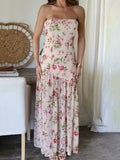 Bonnyshow  Women Off Shoulder Ruffle Dress Elegant Floral Print High Low Hem Maxi Dress for Wedding Party Prom Evening Gown Beach