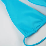 Bonnyshow  Sexy Solid Beach Halter Neck Suit Bodycon Vintage Harajuku Blue Drawstring Elastic Set Slim Vacation Bikini Set