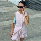 Bonnyshow  Two Pieces Set Women's Vest Skort Suits Sleeveless Button-front Top Ruffled Loose Shorts Summer Office Casual Daily Outfit