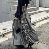 Bonnyshow Gray Shirring Maxi Skirts for Women Fashion High Waist Irregular A-line Skirt Autumn Winter Vintage Ruffle Y2K Skirt