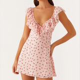 Bonnyshow  Women Backless Mini Dress Sexy Sleeveless Ruffle Shoulder Short Dress Floral Print Low Cut Tie Back A-line Dress