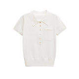 Bonnyshow  Pocket Solid Knitted T-shirt Women Buttons Turndown Collar Short Sleeve Tee Shirts Summer Simple Casual Fashion Tops T-shirts