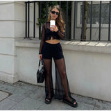 Bonnyshow  See Through Women's Pant Suit Two Piece Set Sexy Tassel  Patchwork Full Sleeve Tank Top Wide Leg Pants Female Sets Beach Outfit