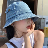Bonnyshow Korean Denim Bucket Hat for Women Vintage Solid Color Fisherman Cap Summer Outdoor Travel Girls Panama Sun Hats
