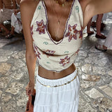 Bonnyshow  Sexy Embroidery Halter Top Women Spaghetti Strap V-neck Sleeveless Backless Lace Up Tops Female 2025 Summer Vacation Tanks Lady