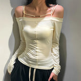 Bonnyshow  Sexy Strapless Blouse One-shoulder Slim Long-sleeved T-shirt Female