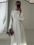 Bonnyshow  Luxury White Elegant Lace Flare Sleeve Single-breasted Midi Dresses Women Fashion O Neck Slit Solid Dress 2024 Lady office Robe