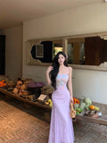 Bonnyshow  Women's Purple/Apricot Casual Flower Long Dress Sleeveless French Elegant Aesthetic 2000s Party A-line Dress Clothing 2025