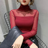 Bonnyshow Autumn Winter High Collar T shirt Women Sexy Mesh Bottoming Shirt Long Sleeve Solid Color Slim Fit Long Sleeve Casual Tops